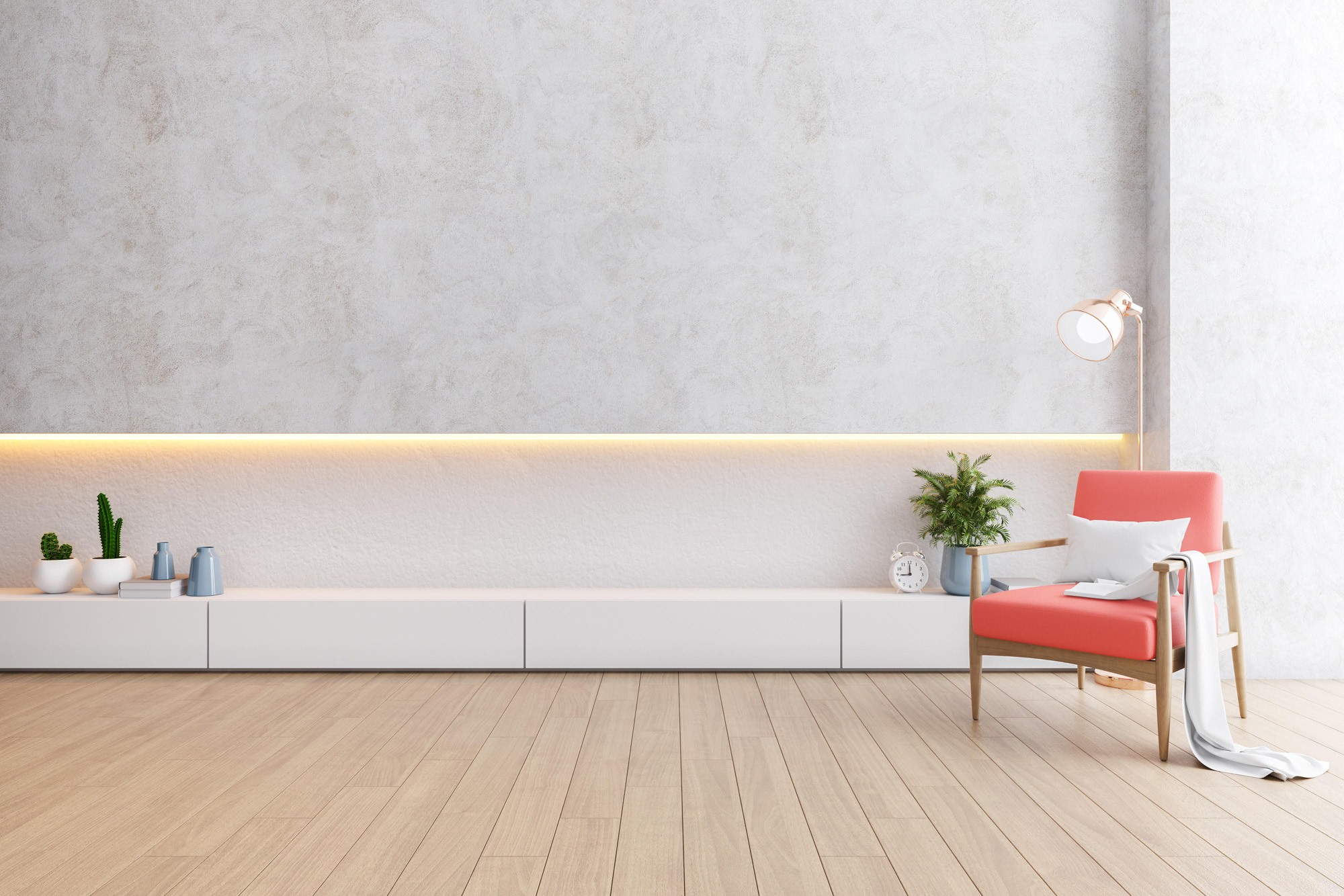 Modern loft interior of living room, coral armchairs with white cabinet on wood flooring and white wall  ,3d rendering